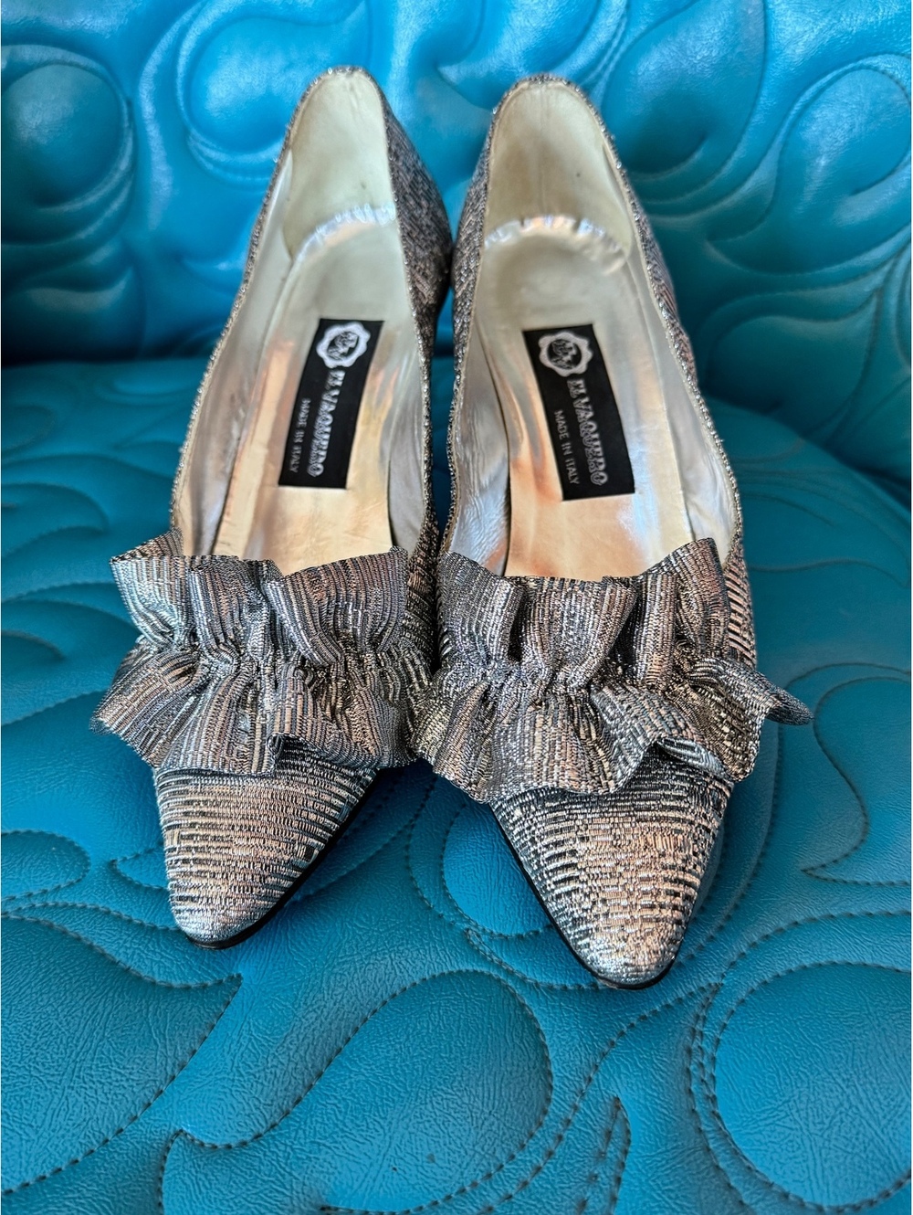 Size 37.5 Vintage El Vaquero "Black Label" Metallic Silver Ruffle Pumps